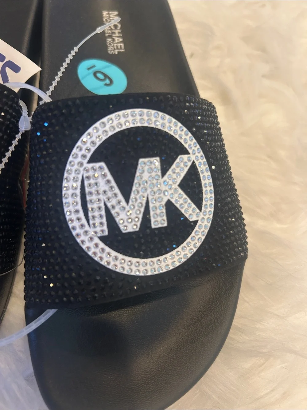 Michael Kors Black Rhinestone MK Slide Sandals